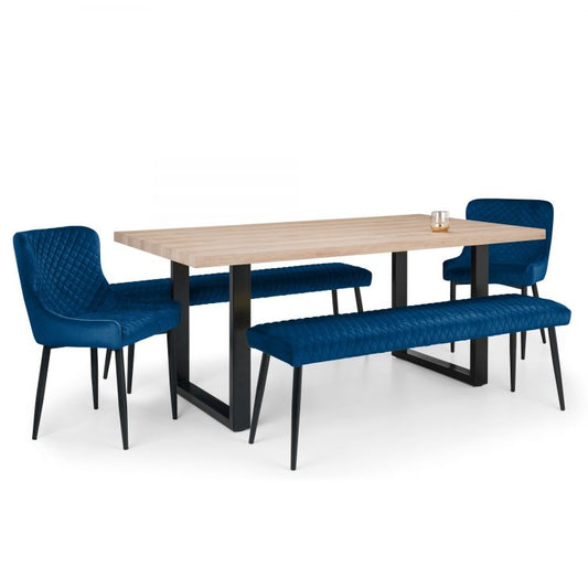 Berwick Dining Table, 2 Luxe Low Blue Benches & 2 Luxe Blue Chairs