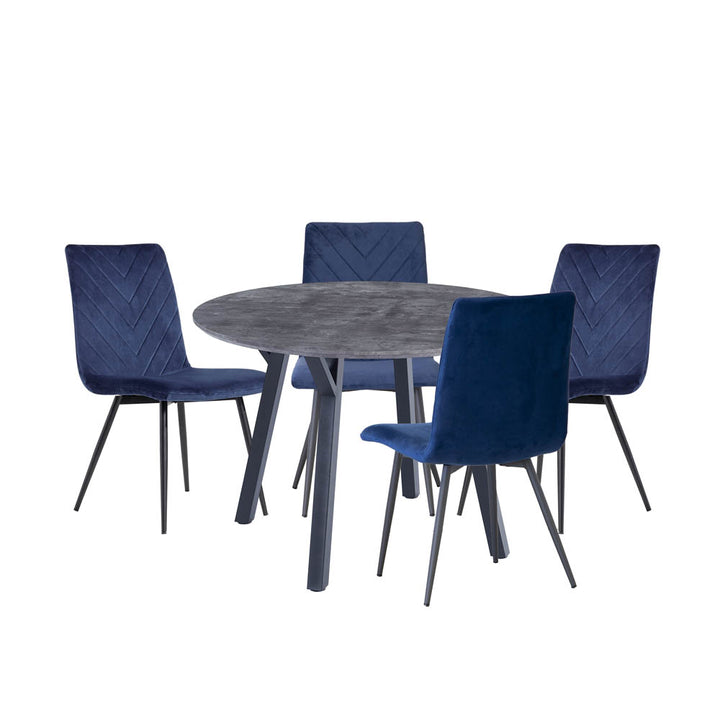 Dining Set - 1.1m Concrete Round Table & 4 x CH66 Blue Chairs