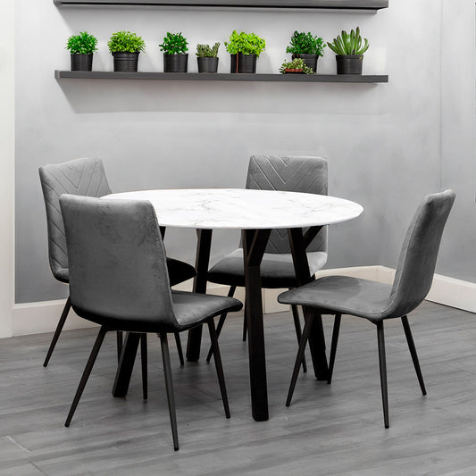 Dining Set - 1.1m Marble Round Table & 4 x CH66 Grey Chairs
