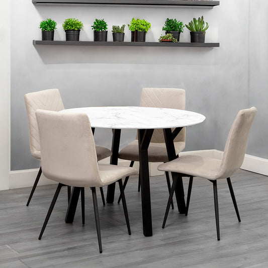 Dining Set - 1.1m Marble Round Table & 4 x CH66 Taupe Chairs