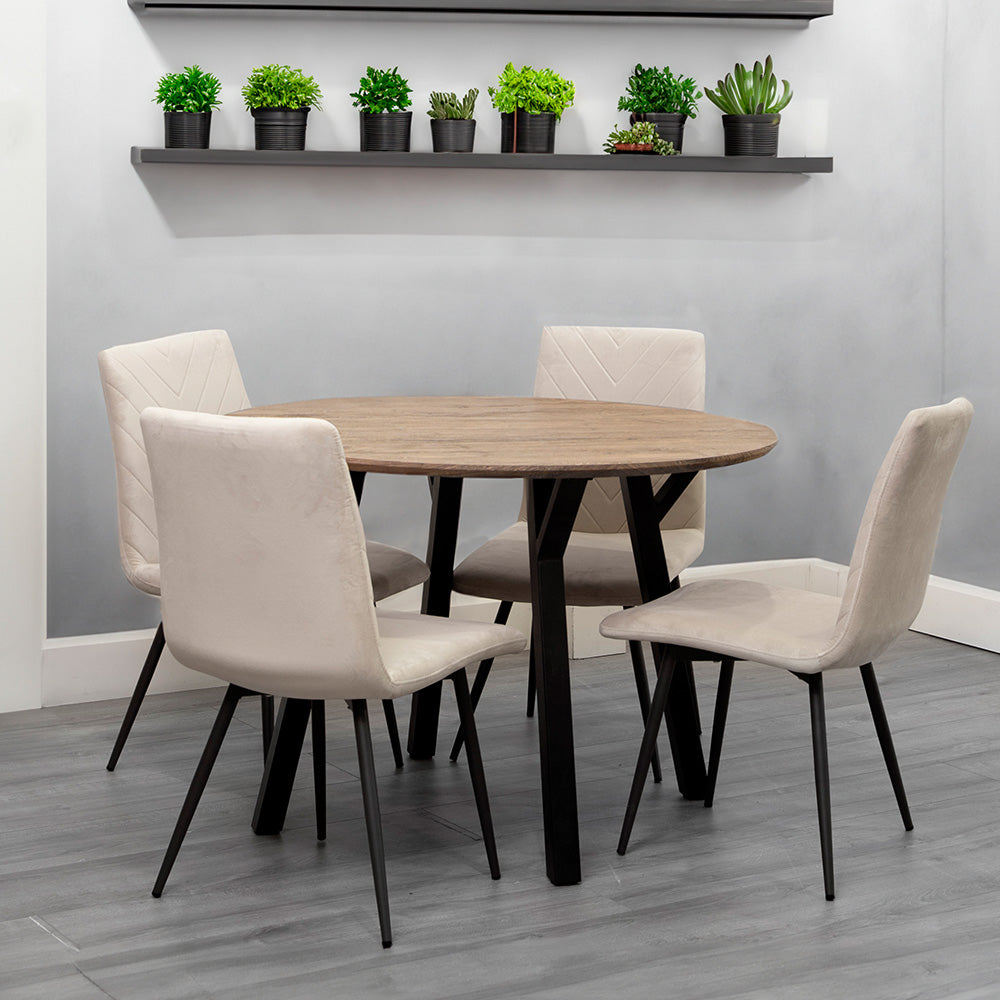 Dining Set - 1.1m Oak Finish Round Table & 4 x CH66 Taupe Chair