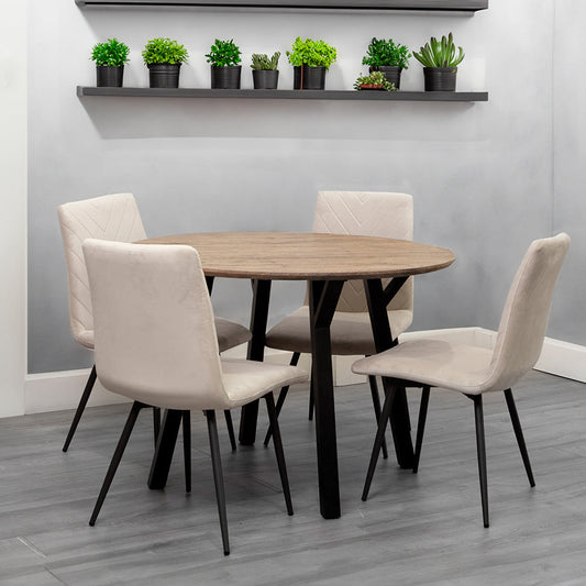 Dining Set - 1.1m Oak Finish Round Table & 4 x CH66 Taupe Chair