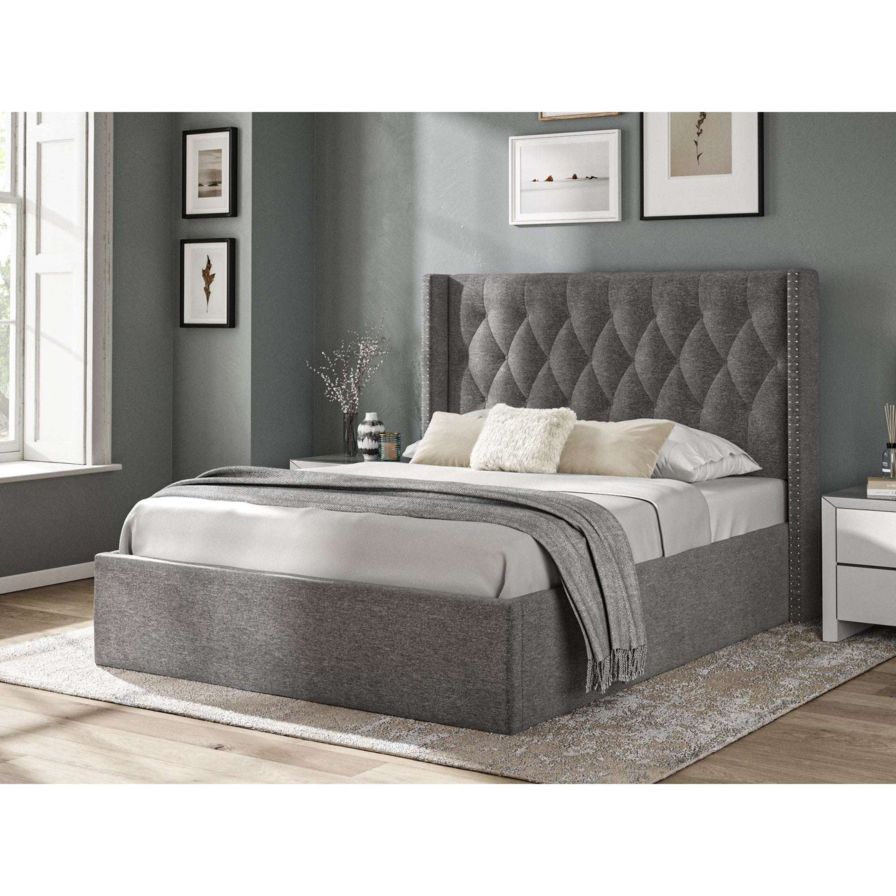 Fabric Bed Collection Dark Grey - 4'6 Fabric Bedframe Ottoman