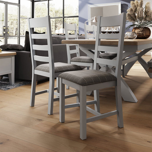 HOP Dining Grey Slatted Chair with Fabric Seat in Check Grey