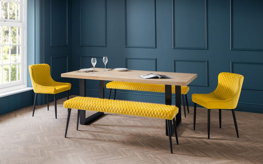 Berwick Dining Table, 2 Luxe Low Mustard Benches & 2 Luxe Mustard Chairs