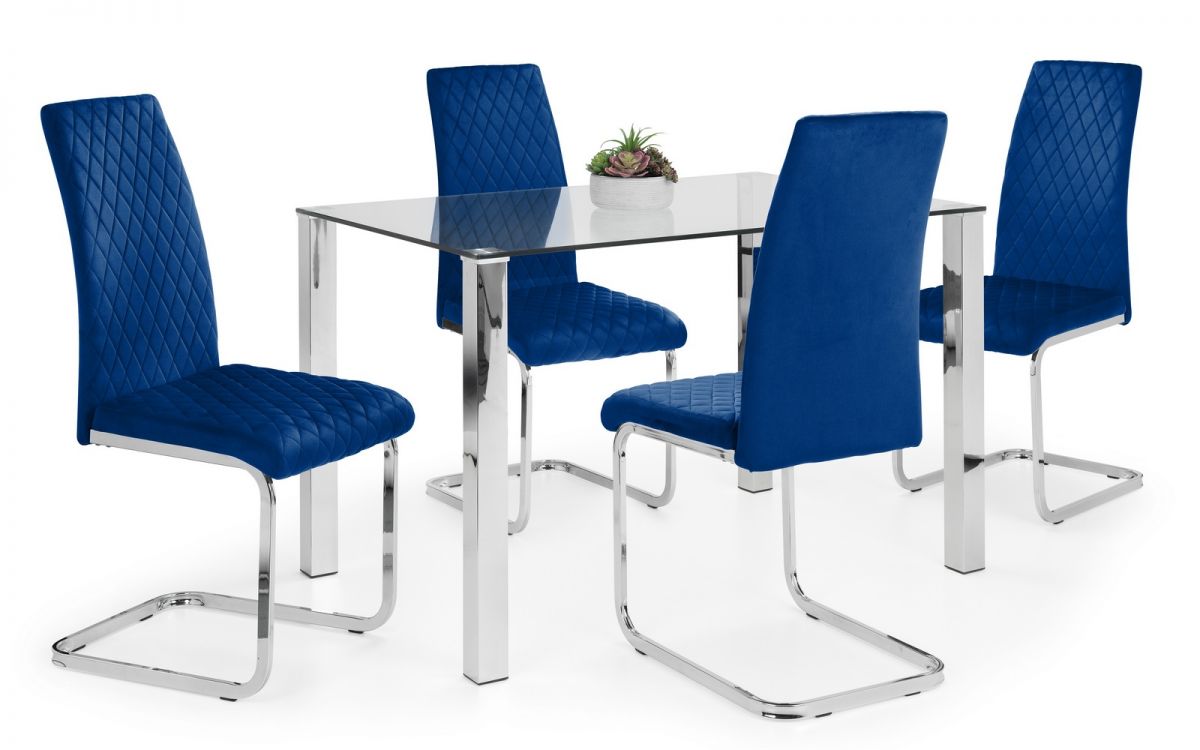 Enzo Dining Table & 4 Calabria Cantilever Velvet Blue Chairs